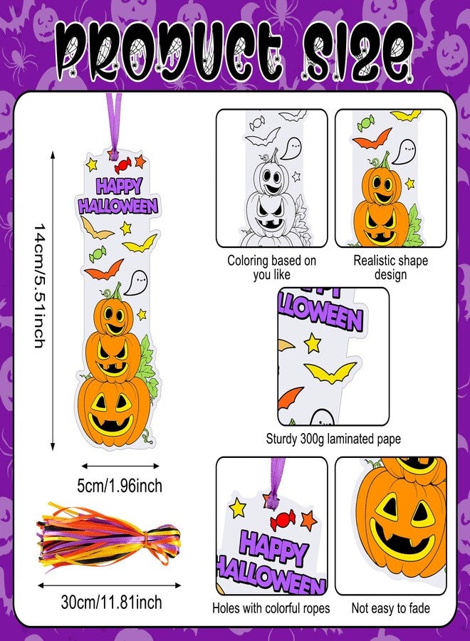 Skyygemm 80 Pcs Color Your Own Halloween Bookmarks with Ribbon Bulk DIY Coloring Bookmark Happy Halloween Black Cat Bat Witch Crafts Blank Paint Classroom Decorate for Student Party Supplies(White) - Image 2